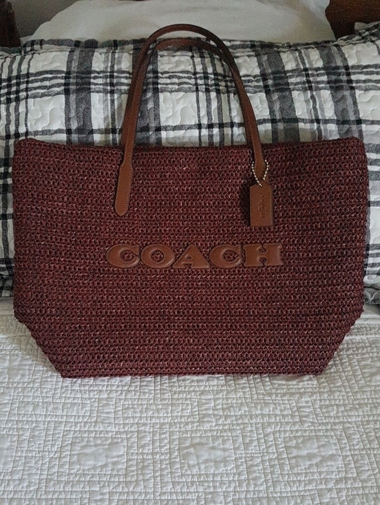Coach Handbags - COACH Burgundy Woven Tote Bag -Brown Leather Handles.